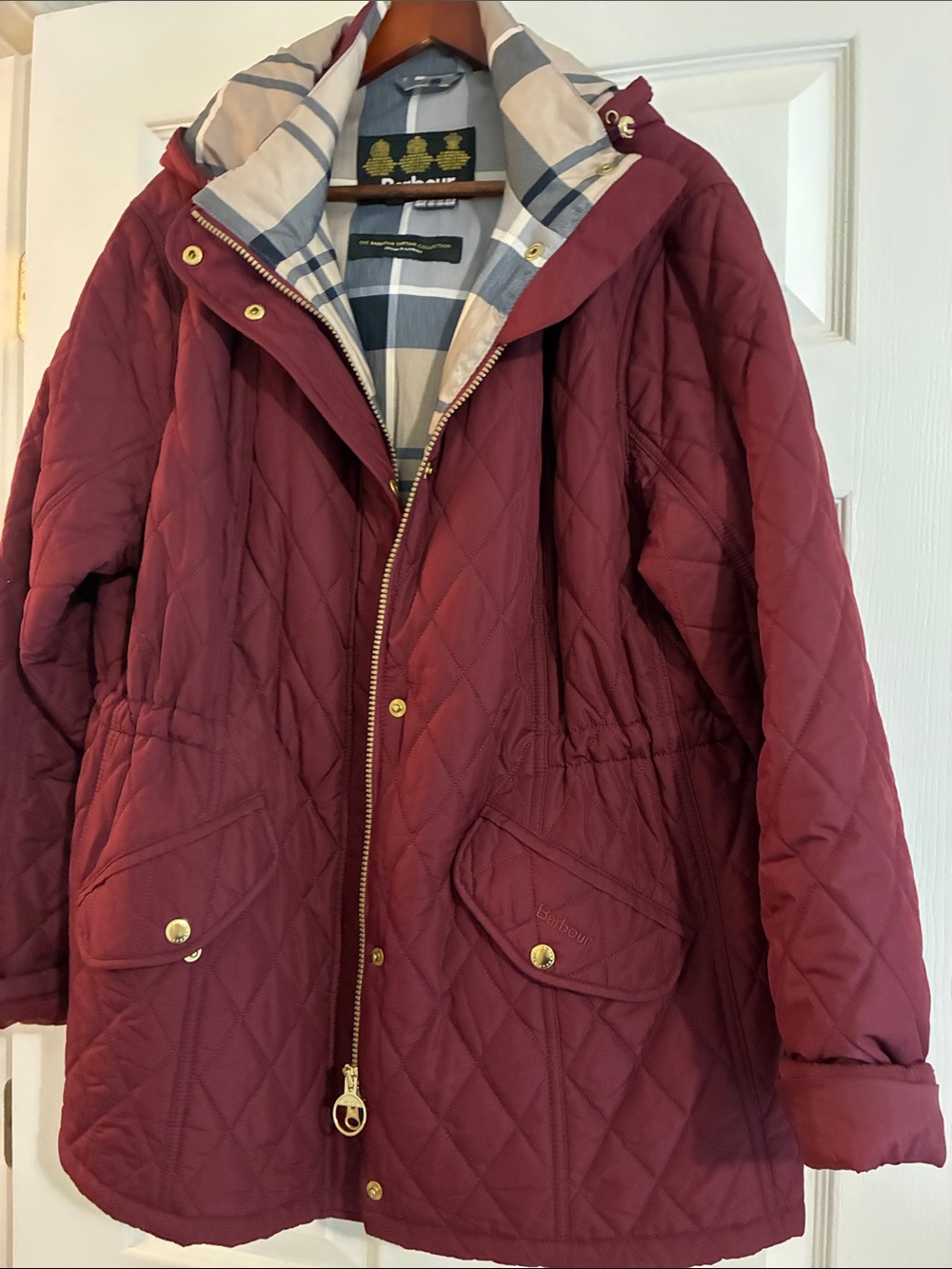 Barbour Quilted Hooded Puffer Coat in Wine Red